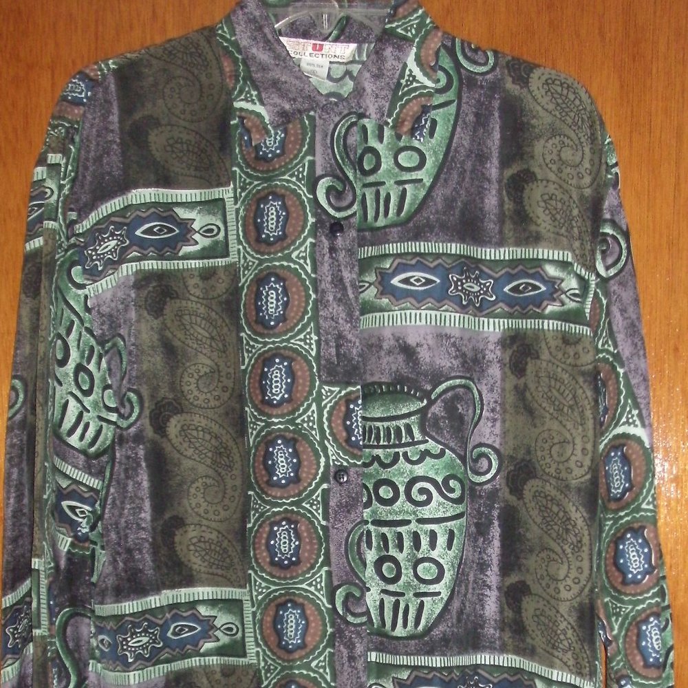 Vintage Stunt Collections Abstract Silk Button Down Blouse Size Small EUC
